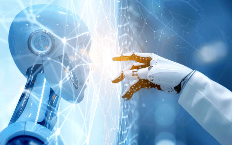 A blue robot closely faces a robotic arm, with fingers almost touching a glowing, digital interface. The scene conveys a futuristic and technological feel.