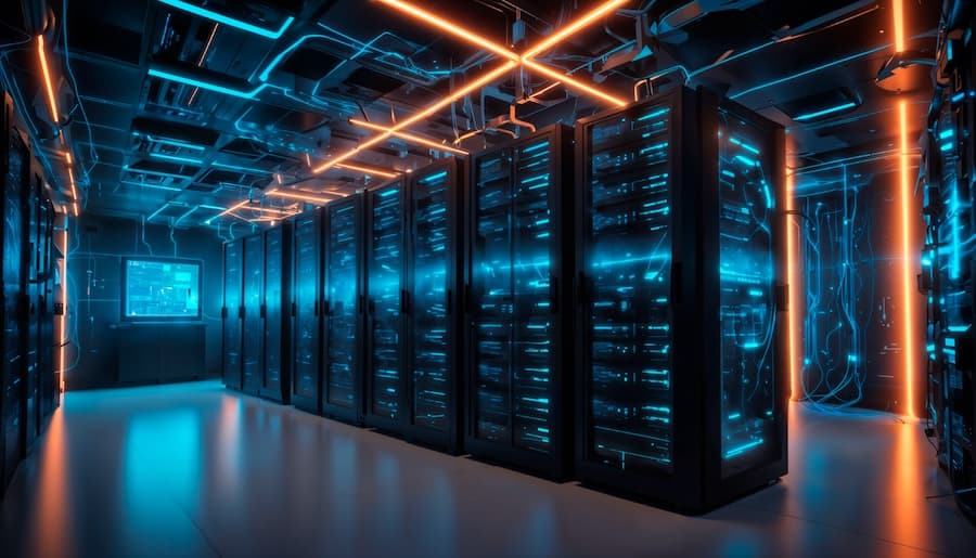 Modern data center with server racks illuminated by blue lighting, showcasing our disaster recovery archiving infrastructure.