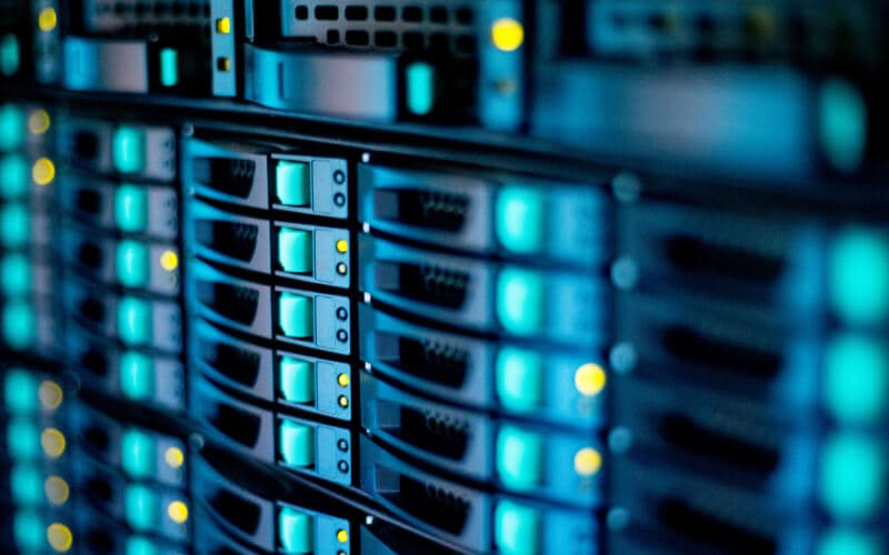 Server rack with blinking lights