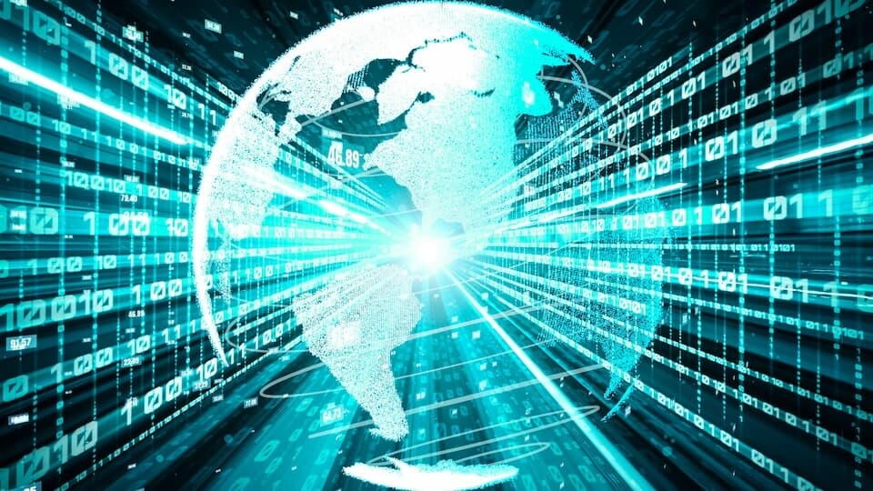 A digital map with binary code overlaid on a globe, depicting optimized content delivery through CDN servers with high-speed connections.