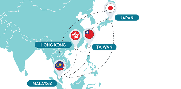 Map highlighting Asia with dotted lines connecting Japan, Taiwan, Hong Kong, and Malaysia. Each location is marked with a flag pin.