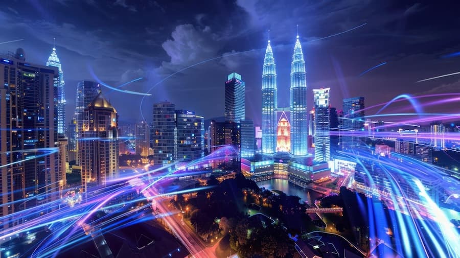 Kuala Lumpur night skyline with Petronas Twin Towers, illustrating our direct connectivity point for Malaysian enterprise clients.