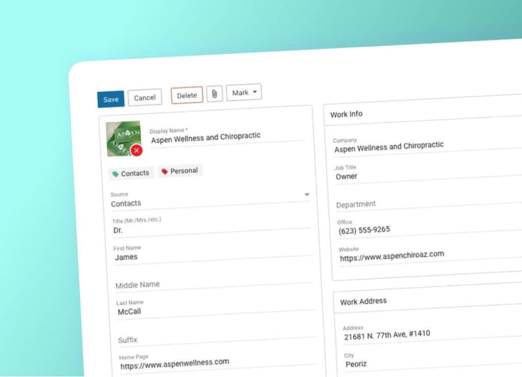 Screenshot of Enterprise Email Hosting contact management feature.