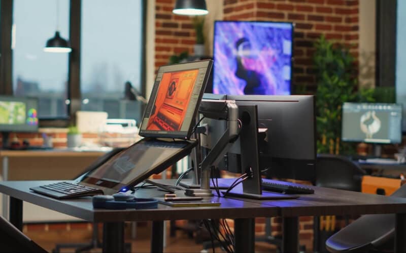 A desk setup features a computer screen displaying code, beside a black PC tower with colorful LED fans. Cables are scattered, creating a tech-focused atmosphere.