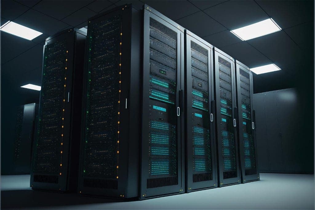 Data center with multiple server racks.