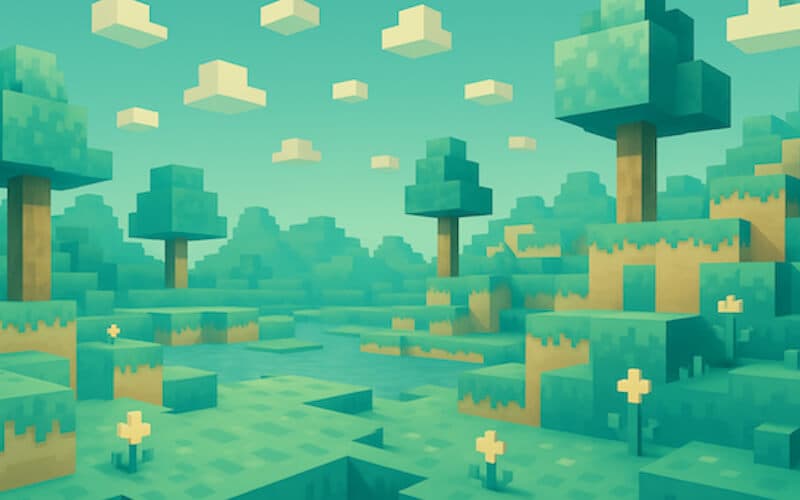 A blocky, pixelated landscape reminiscent of a Minecraft-like game environment, indicating game server hosting services.
