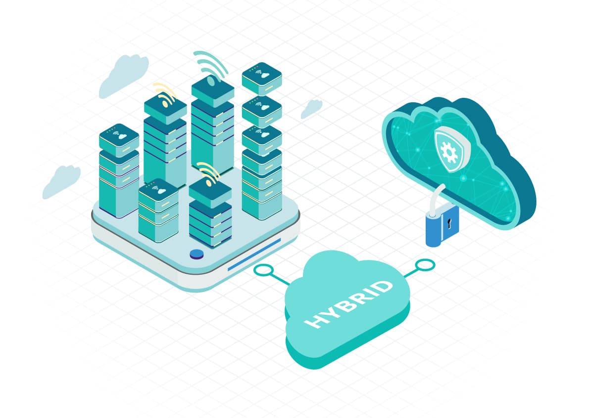 Vector image of a hybrid cloud connecting to both private and public cloud.