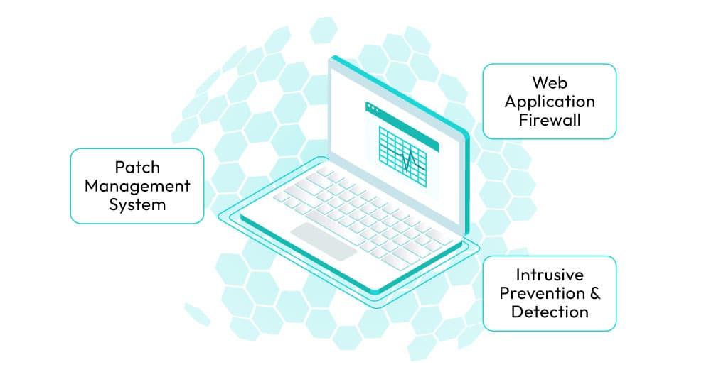 Illustration of an open laptop on a honeycomb pattern background. Labeled boxes: 'Patch Management System,' 'Web Application Firewall,' and 'Intrusive Prevention & Detection.'