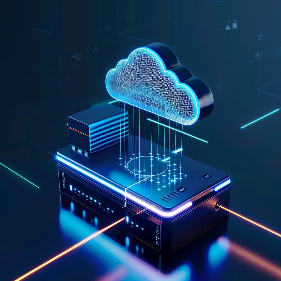 A glowing cloud icon connected to server hardware, representing managed cloud hosting services with data integration.