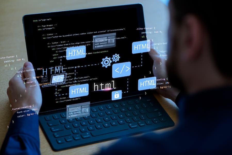 A laptop screen displaying HTML and WordPress-related code, indicating managed WordPress hosting and optimization services.