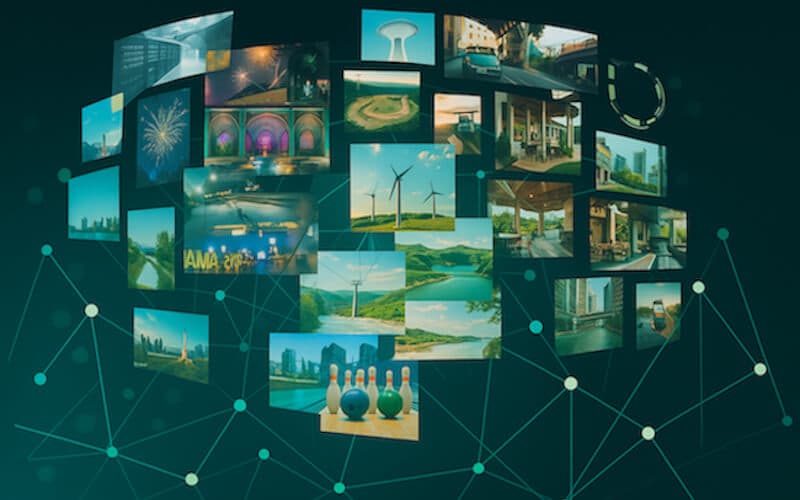A collage of images connected by digital nodes, depicting media streaming services and automated workflows for data processing and content distribution.