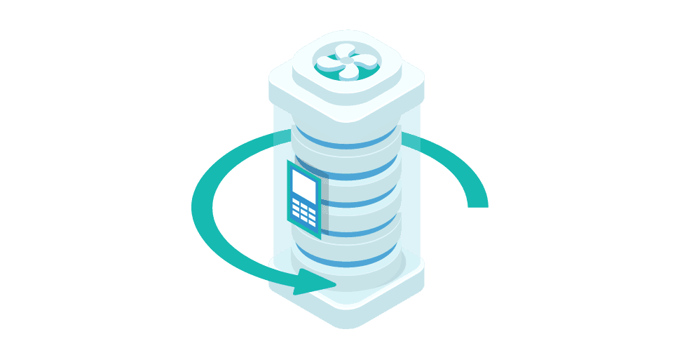 Isometric illustration of a tall, cylindrical server tower with cooling fan on top and a control panel on the side.