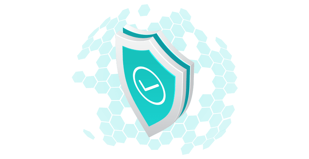 A teal shield with a white clock icon is surrounded by a honeycomb pattern. The image conveys security and protection, with a modern, tech-focused theme.
