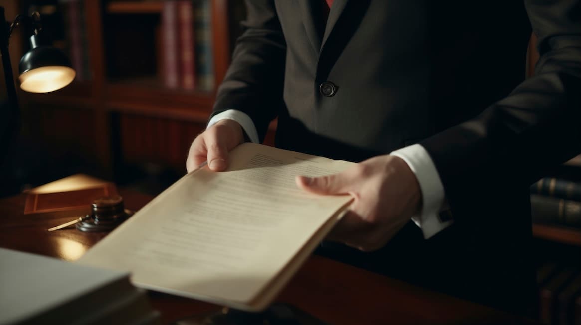 A person in a suit reads legal documents under a dim light in a library.
