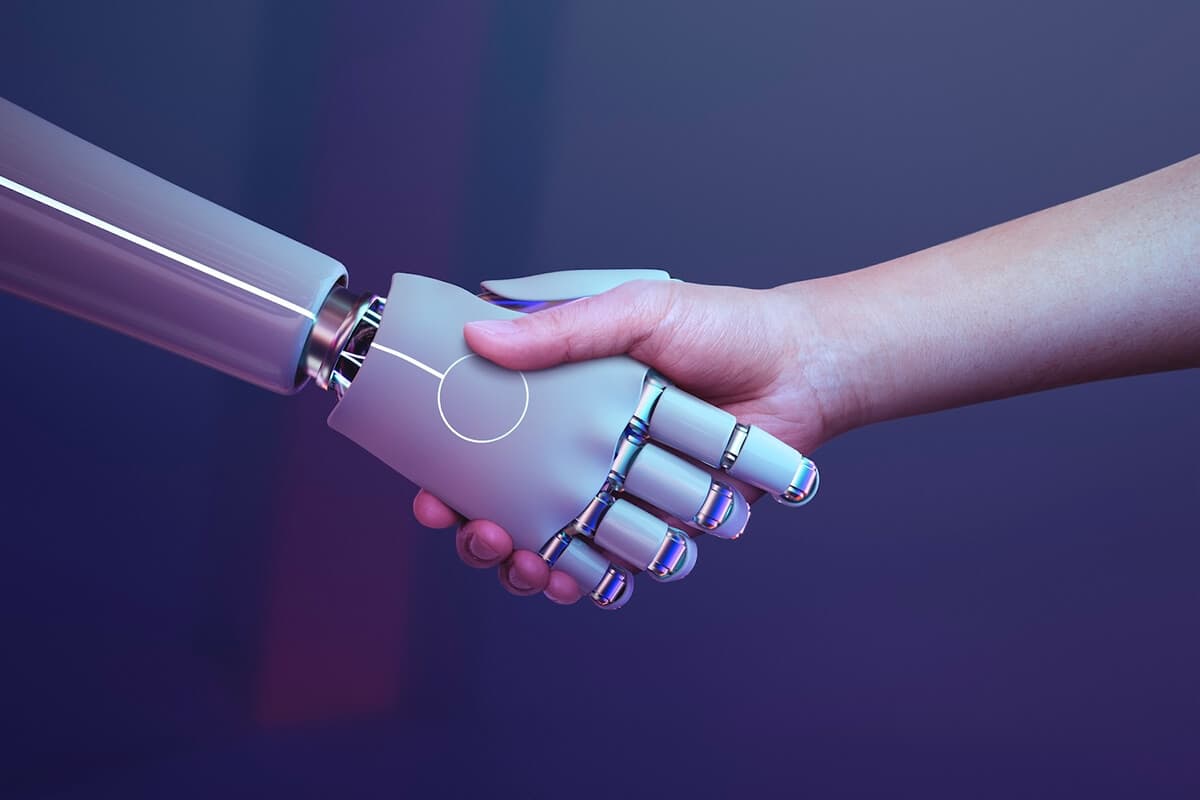 Robot handshake human background, futuristic digital age.