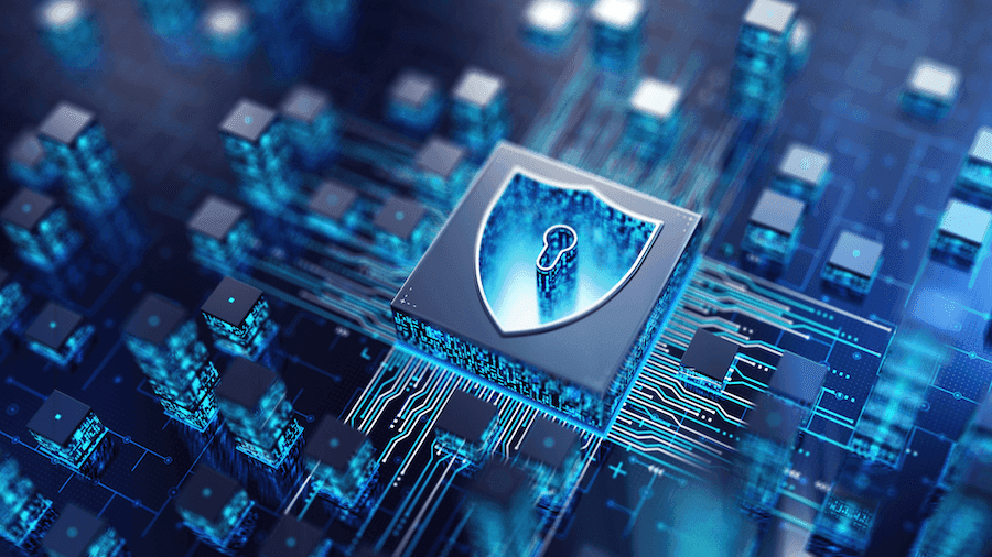 Close-up of a digital lock icon on a futuristic circuit board, symbolizing cybersecurity. Blue tones convey a high-tech, secure, and sophisticated atmosphere.