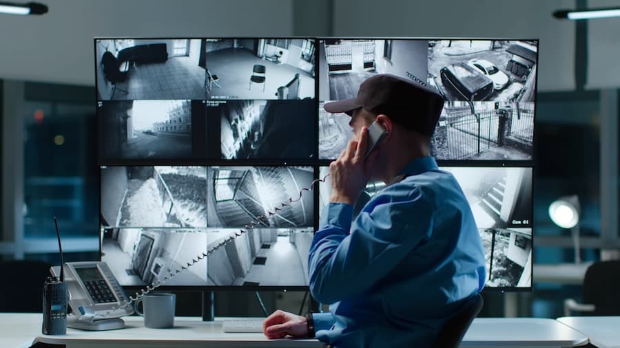 A security professional monitoring multiple surveillance screens, representing security monitoring and threat detection services.