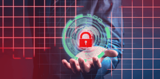A person extends their hand with a digital red padlock hovering above, surrounded by green tech graphics, symbolizing cybersecurity and protection.