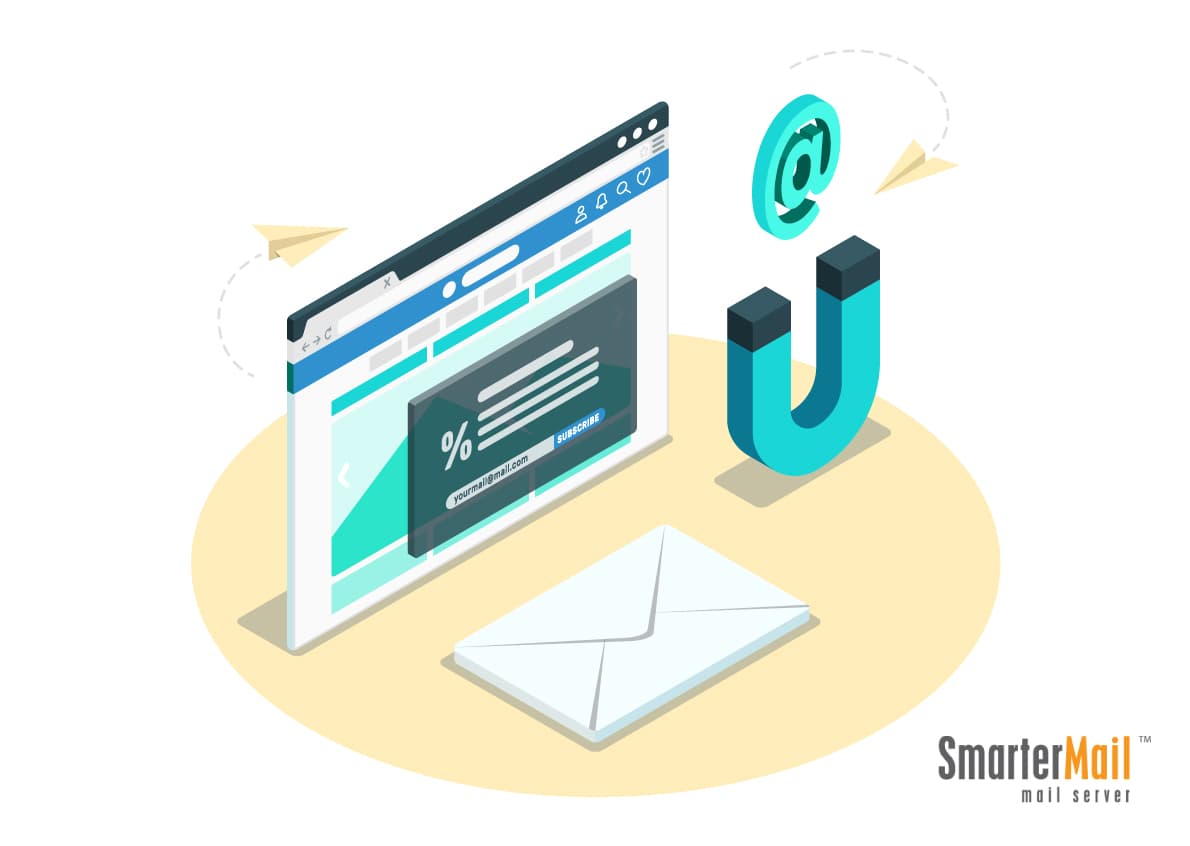 Vector image of a web UI and email at the bottom right.