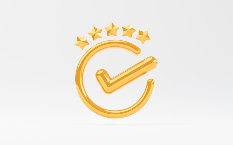 Golden correct tick mark sign of the best quality assurance.