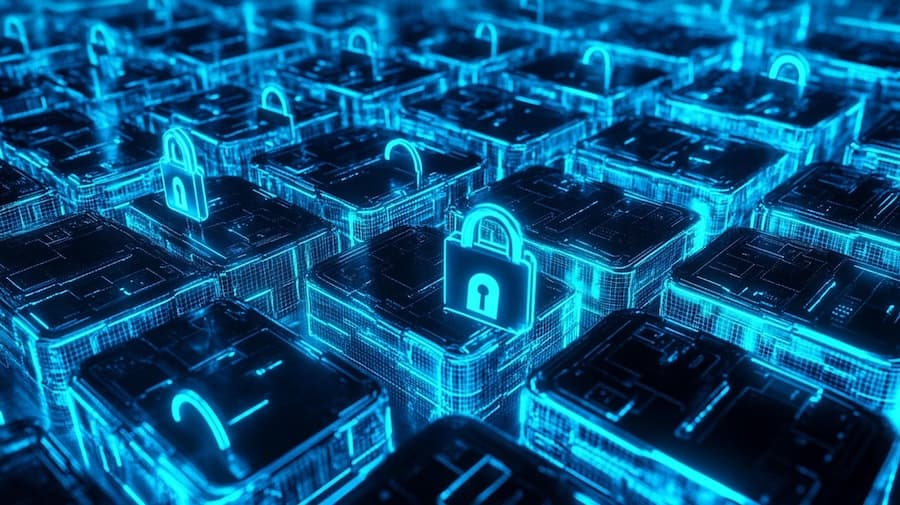 Abstract digital security maze with glowing padlock icons, demonstrating our comprehensive encryption support features.