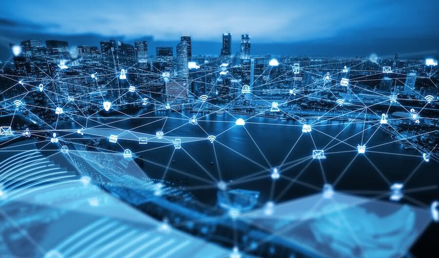 A digital network map overlaid on a cityscape, symbolizing secure and fast VPN connections for private browsing and data protection.