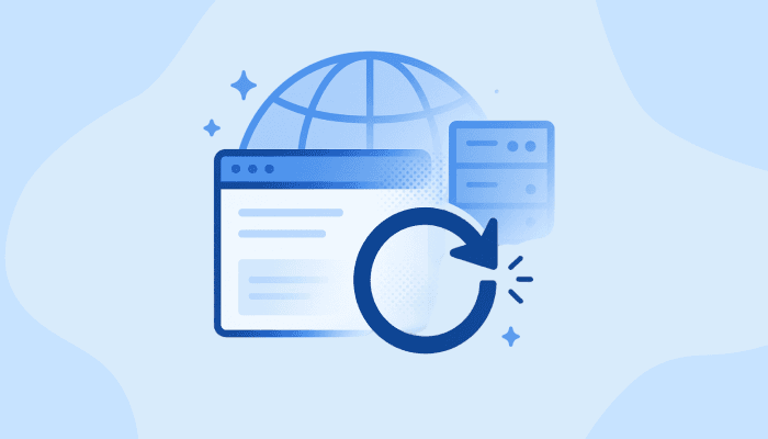 Illustration of a blue globe, webpage, and server with a refresh arrow. Stars around it convey a sense of global connectivity and renewal.