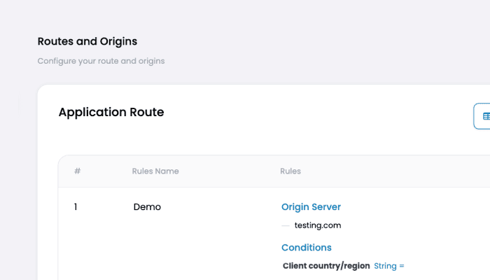 Web page section titled 'Routes and Origins' displaying an 'Application Route' table with rules. Includes a demo rule with 'Origin Server' and 'Conditions' details.