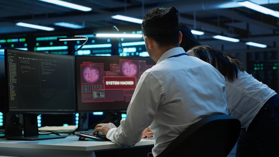 Data center cybersecurity division teamworking colleagues fighting virus.