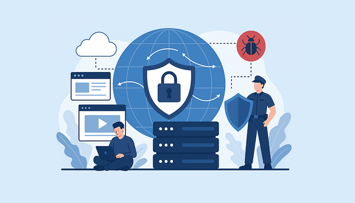 Illustration of a digital security concept with a globe, shield, and lock. A person uses a laptop, and a guard stands beside a server stack.