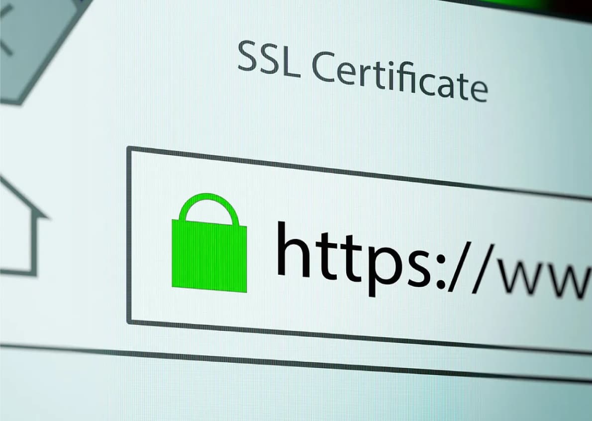 Close-up of a web address bar displaying 'SSL Certificate' text, a green padlock icon indicating a secure site connection.