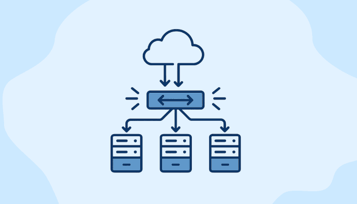 Diagram showing web load balancer. A cloud icon at the top connects to a central box, which distributes arrows to three servers below.